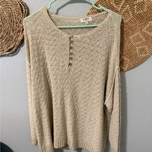 Umgee Beige Crew Neck Sweater with Button Detail